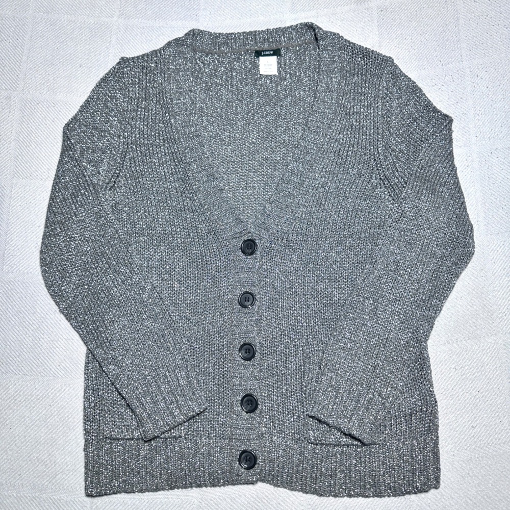 J.Crew Cardigan Womens Large Silver Metallic V-Neck Button Front Pockets Sparkle